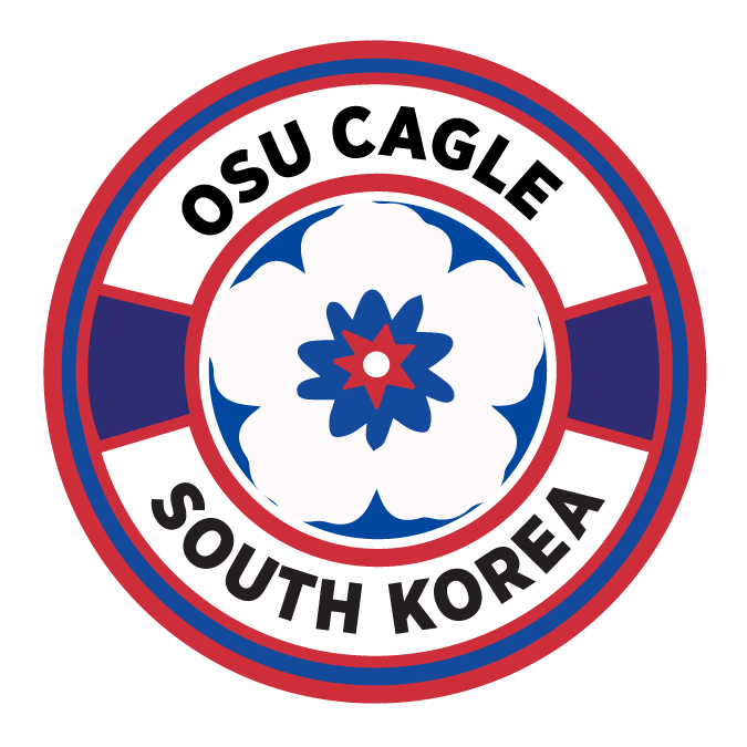Circular logo for CAGLE's South Korea program, which includes a flower at the center and the words OSU CAGLE and South Korea in red and blue.