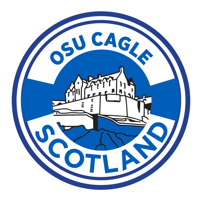 Circular logo for CAGLE's Scotland program, which is white and blue and features a castle in the middle