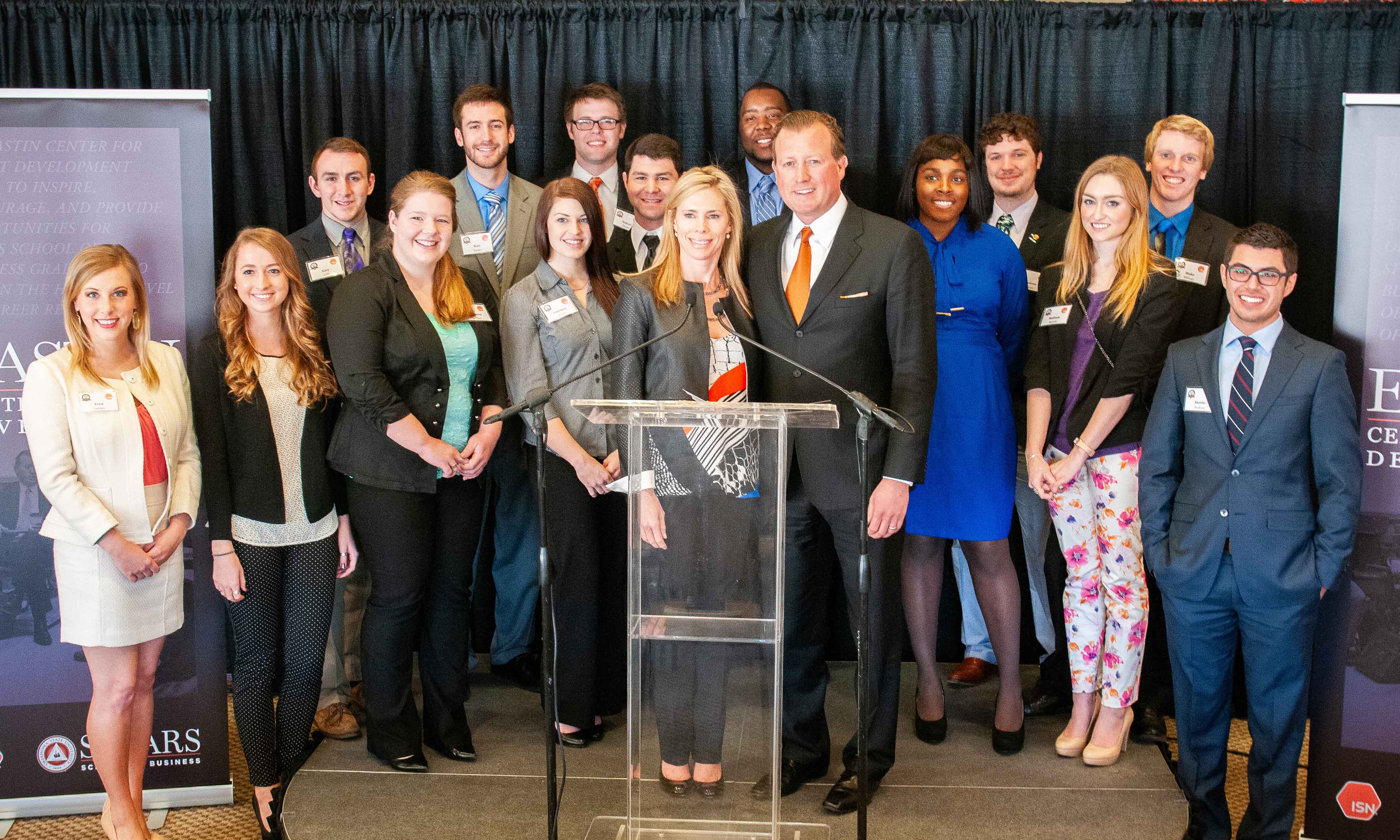 Joe and Monica Eastin with students after the announcement of the Eastin Center in 2014 Joe and Monica Eastin with students after the announcement of the Eastin Center in 2014