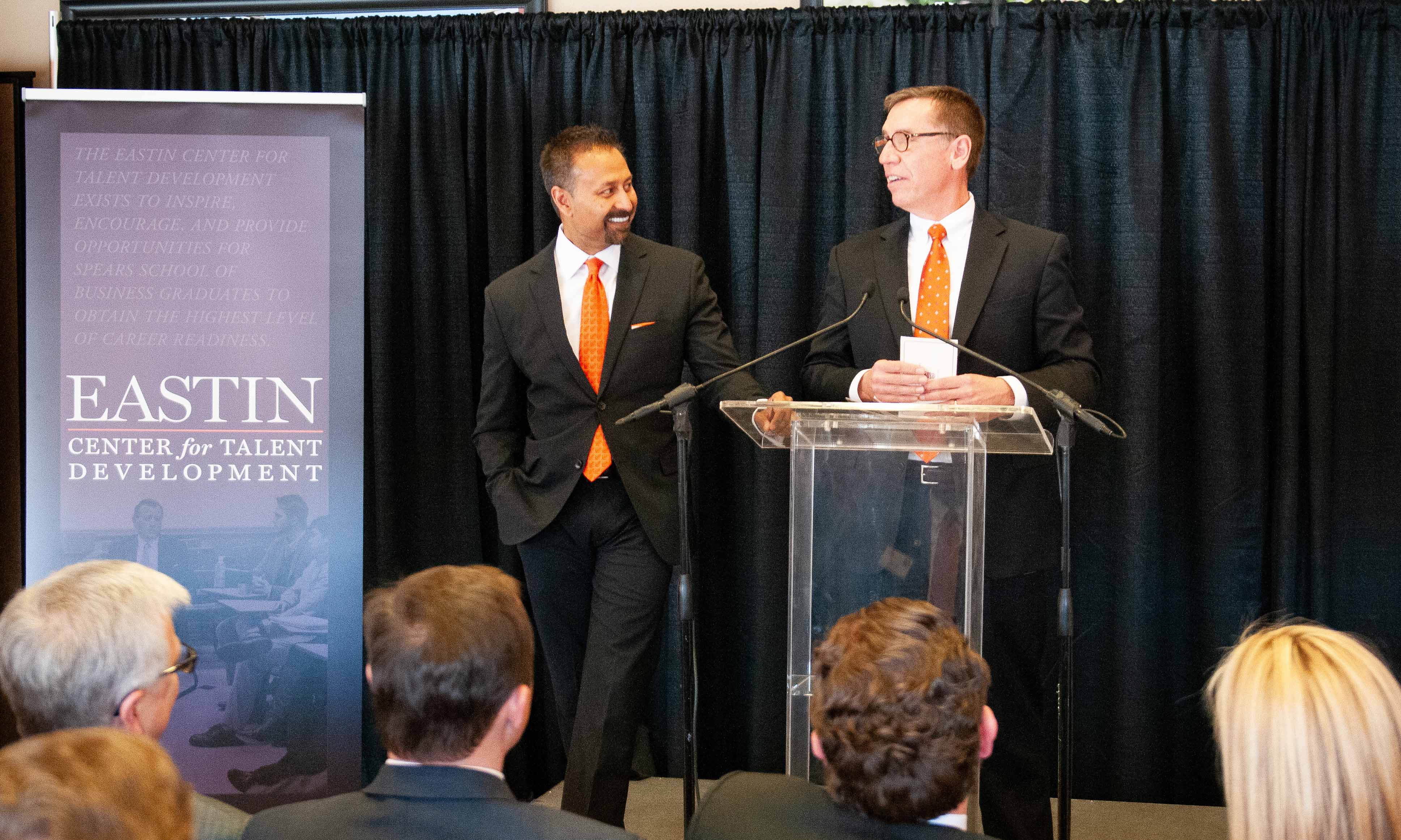 Dr. Raj Basu and Dr. Andy Urich at the Eastin Center announcement in 2014.