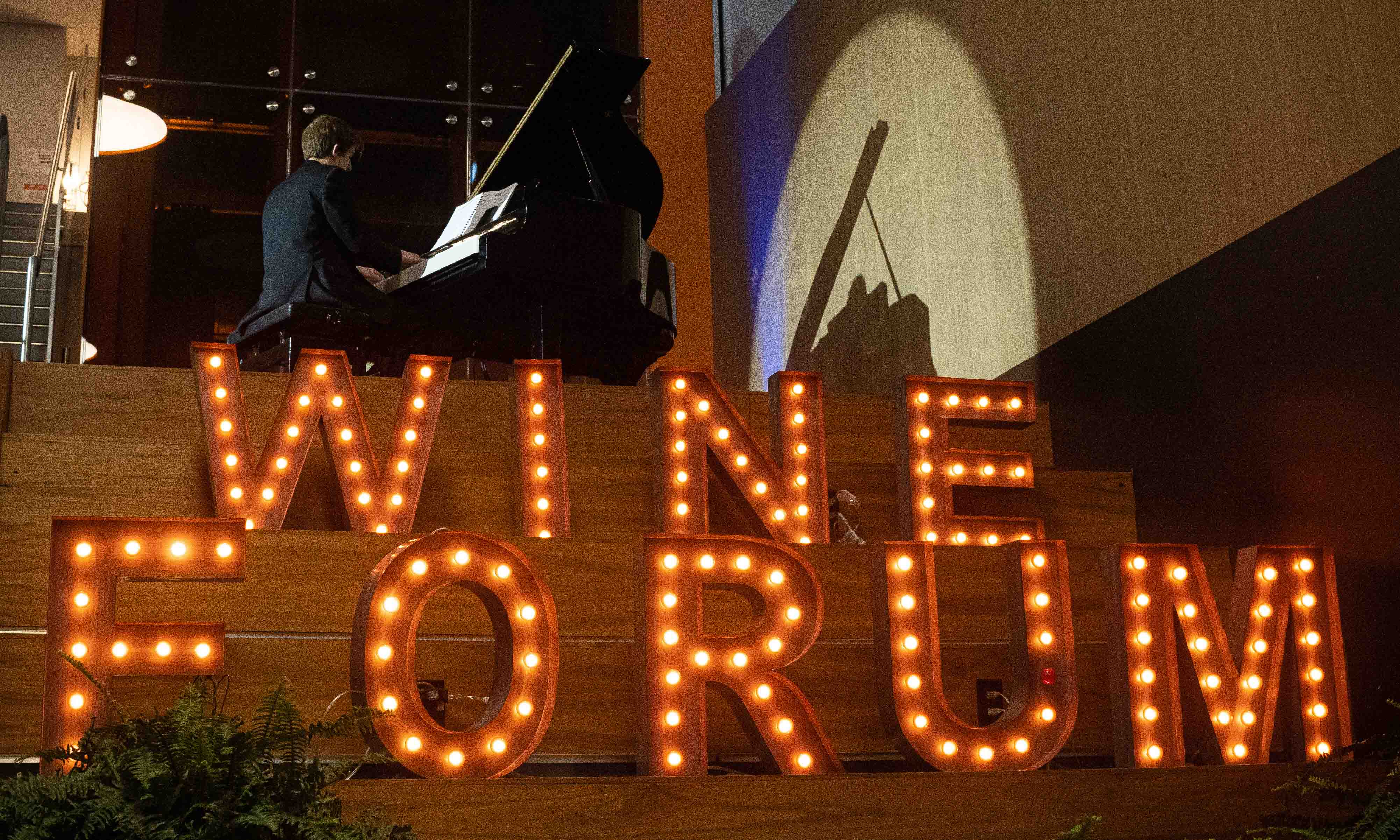 Wine forum lights and a man playing piano