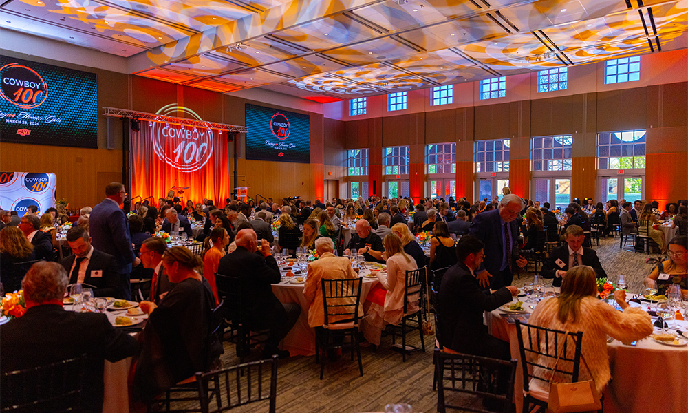 Cowboy100 participants enjoying dinner during the gala event at the OSU Alumni Center.